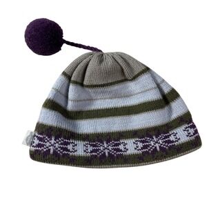 Turtle Fur Knit Beanie Hat Adult Purple Green Pom Stripes Winter Warm Wool